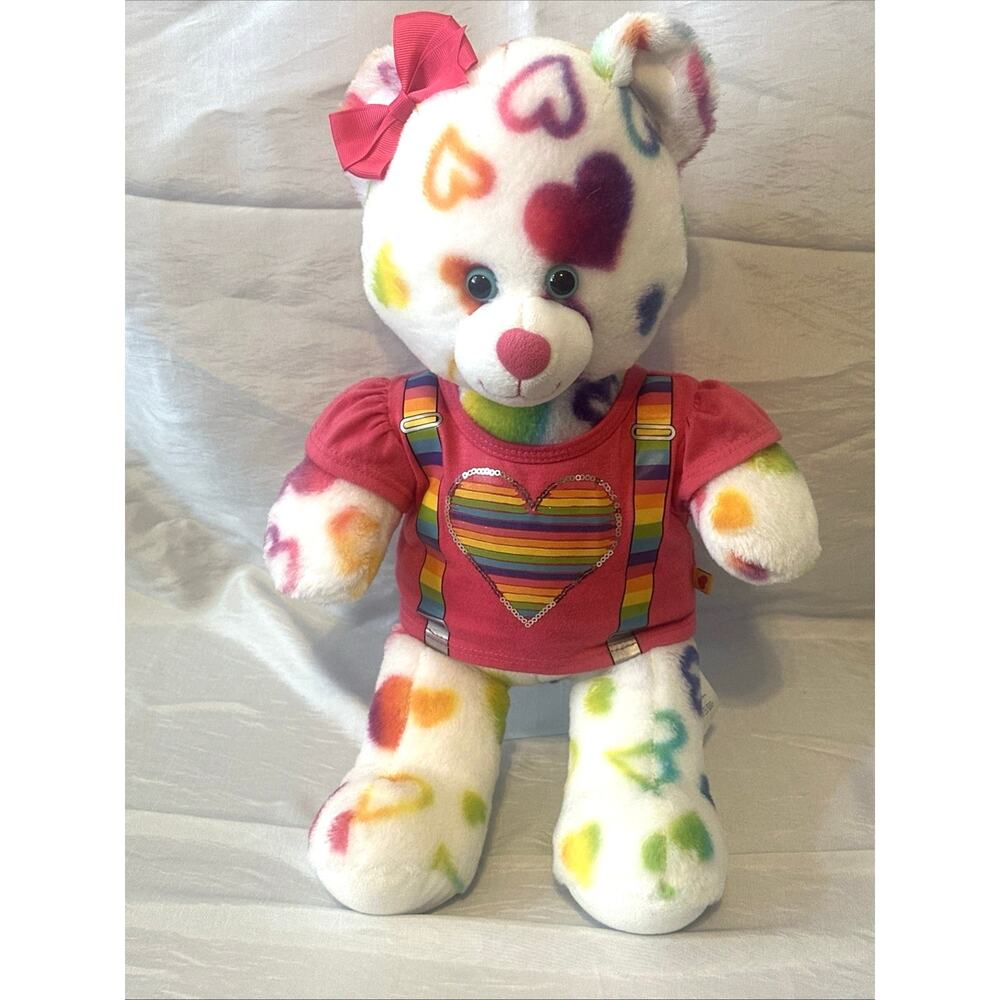 Build-A-Bear Rainbow Hearts 17" White Teddy Bear Plush W/ Clothes & Bow EUC